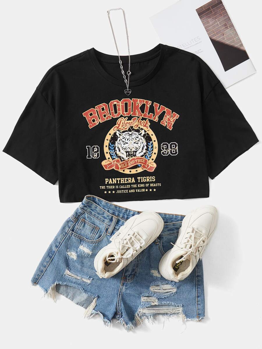 SHEIN EZwear Áo thun nữ Thú vật Lá thư Giải trí - màu đen - Xem 1