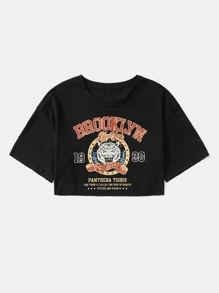 SHEIN EZwear Áo thun nữ Thú vật Lá thư Giải trí - màu đen - Xem 5