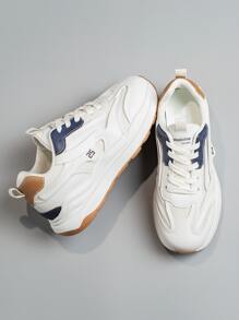 Letter Patch Decor Lace-up Front Running Shoes - Beige - View 1