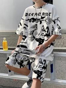 Manfinity EMRG Men Figure & Letter Graphic Short Sleeve Tee & Shorts, Going Out - Beige - View 1