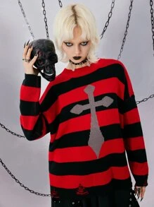 Striped Cross Pattern Ripped Sweater - Multicolor - View 1