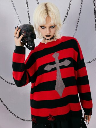 Striped Cross Pattern Ripped Sweater