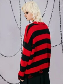 Striped Cross Pattern Ripped Sweater - Multicolor - View 2