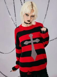 Striped Cross Pattern Ripped Sweater - Multicolor - View 3