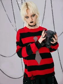 Striped Cross Pattern Ripped Sweater - Multicolor - View 4