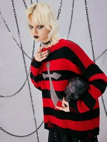 Striped Cross Pattern Ripped Sweater - Multicolor - View 6