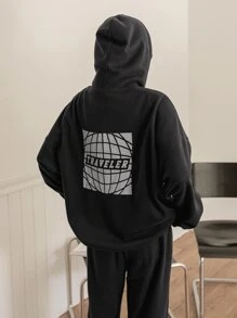 DAZY Áo hoodie và quần nỉ có dây rút và khóa kéo hở vai in họa tiết chữ, Quần áo nữ mùa thu - màu đen - Xem 2