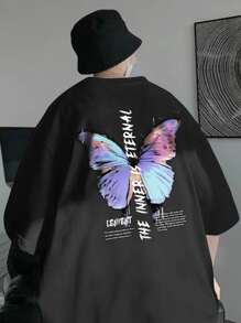 Manfinity EMRG Áo thun nam in hình bướm và khẩu hiệu cỡ lớn - màu đen - Xem 1