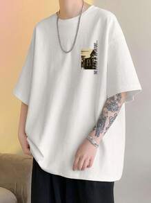 Claim Dot 男士字母圖案落肩T恤 - 白色 - 查看 1