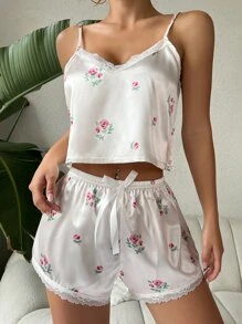 Floral Print Lace Trim Bow Front Satin PJ Set - White - View 1