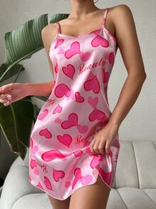 愛心圖案緞面吊帶睡裙