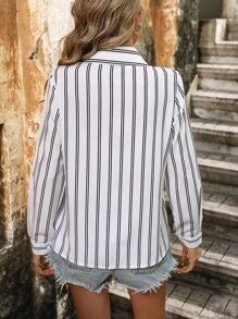 EMERY ROSE Striped Print Button Front Shirt,Long Sleeve Tops Fall Cloth For Women - White - View 2