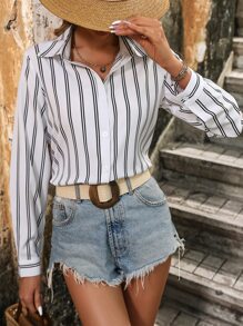 EMERY ROSE Striped Print Button Front Shirt,Long Sleeve Tops Fall Cloth For Women - White - View 3