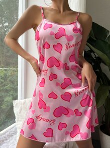 愛心圖案緞面吊帶睡裙