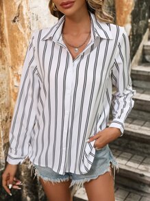 EMERY ROSE Striped Print Button Front Shirt,Long Sleeve Tops Fall Cloth For Women - White - View 5