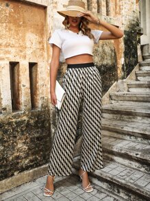 SHEIN Clasi Allover Print Wide Leg Trousers - Black and White - View 5