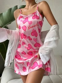 愛心圖案緞面吊帶睡裙
