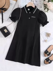 女孩標語補丁貼Polo領泡泡袖連衣裙 - 黑色 - 查看 1