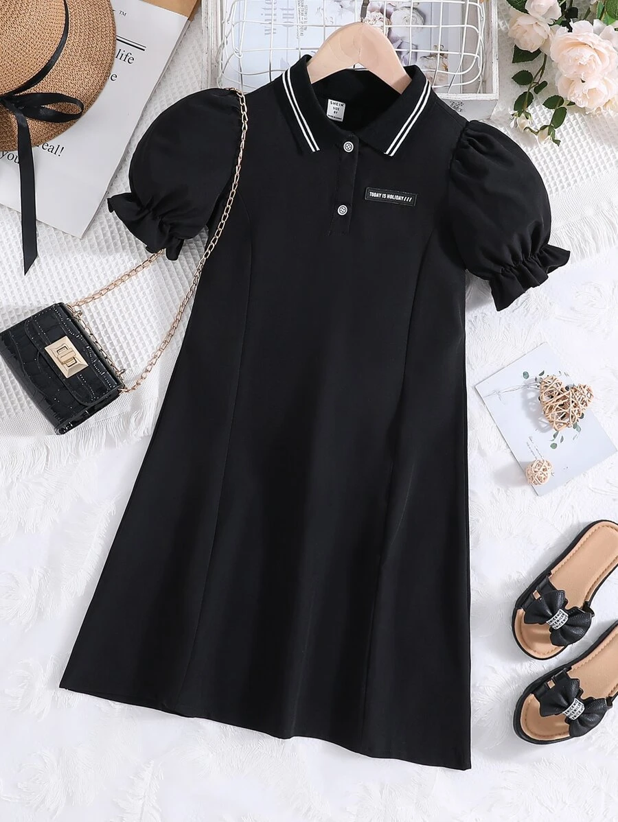 女孩標語補丁貼Polo領泡泡袖連衣裙 - 黑色 - 查看 1