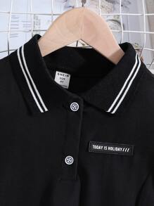 女孩標語補丁貼Polo領泡泡袖連衣裙 - 黑色 - 查看 3