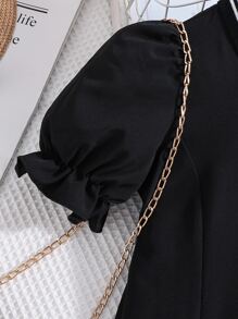 女孩標語補丁貼Polo領泡泡袖連衣裙 - 黑色 - 查看 5