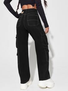 SHEIN EZwear High Waisted Flap Pocket Cargo Jeans - Black - View 2