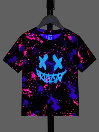 SHEIN Young Boy Casual Comfortable Loose Fit Inkjet Colorful Print Short Sleeve Top