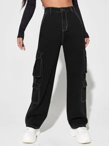 SHEIN EZwear High Waisted Flap Pocket Cargo Jeans - Black - View 3