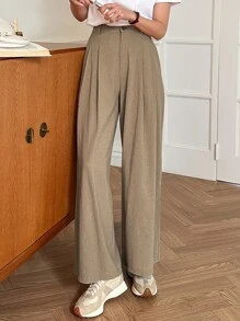 DAZY 高腰拼接細節闊腿褲 - 卡其色 - 查看 1