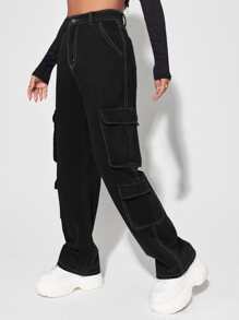 SHEIN EZwear High Waisted Flap Pocket Cargo Jeans - Black - View 4