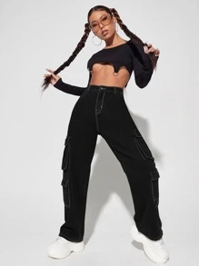 SHEIN EZwear High Waisted Flap Pocket Cargo Jeans - Black - View 5