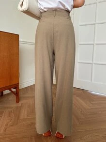 DAZY 高腰拼接細節闊腿褲 - 卡其色 - 查看 2