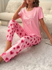 Conjunto de pijama con estampado de corazón y slogan - Rosa - Ver 4