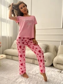 Conjunto de pijama con estampado de corazón y slogan - Rosa - Ver 5