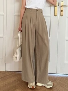 DAZY 高腰拼接細節闊腿褲 - 卡其色 - 查看 4