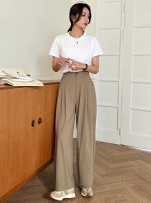 DAZY 高腰拼接細節闊腿褲 - 卡其色 - 查看 5