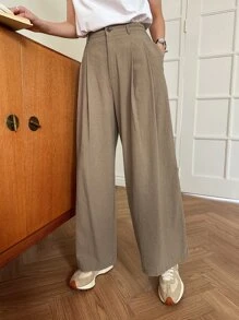 DAZY 高腰拼接細節闊腿褲 - 卡其色 - 查看 6