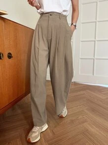 DAZY 高腰拼接細節闊腿褲 - 卡其色 - 查看 7