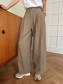 DAZY 高腰拼接細節闊腿褲 - 卡其色 - 查看 8