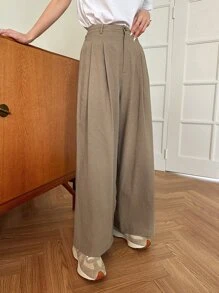 DAZY 高腰拼接細節闊腿褲 - 卡其色 - 查看 9