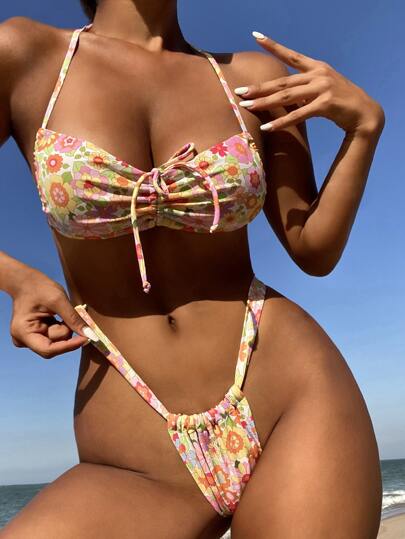 Floral Print Drawstring Halter Thong Summer Beach Bikini Set