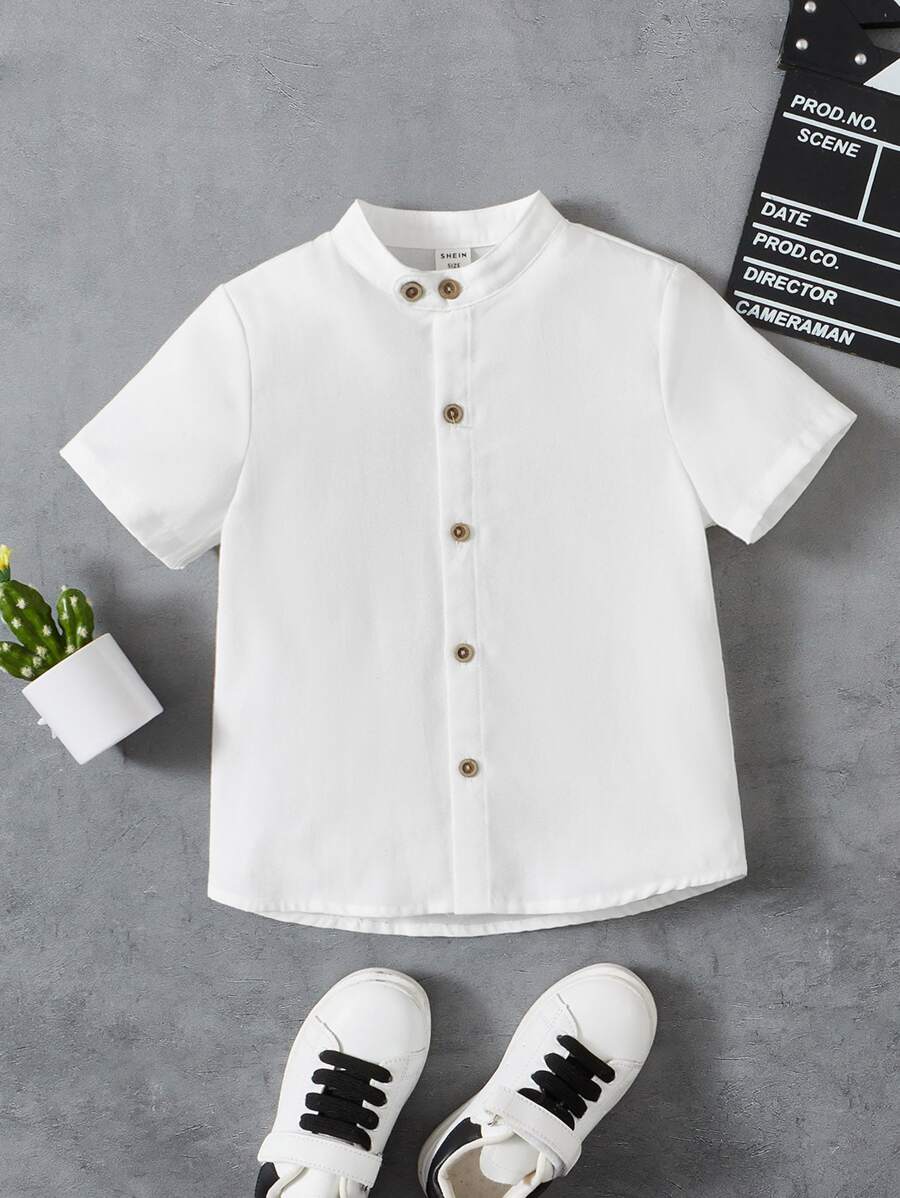 SHEIN 男童休閒舒適純色短袖衫,立領款式 - 白色 - 查看 1