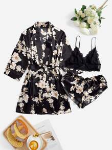 Conjunto de pijama Top de tirantes con encaje floral & Shorts de satén & Bata - Negro - Ver 1