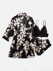 Conjunto de pijama Top de tirantes con encaje floral & Shorts de satén & Bata - Negro - Ver 2