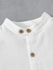 SHEIN 男童休閒舒適純色短袖衫,立領款式 - 白色 - 查看 3