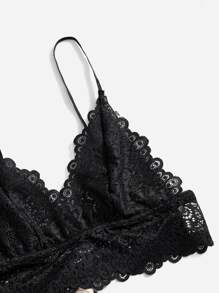 Conjunto de pijama Top de tirantes con encaje floral & Shorts de satén & Bata - Negro - Ver 3