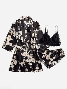 Conjunto de pijama Top de tirantes con encaje floral & Shorts de satén & Bata - Negro - Ver 4