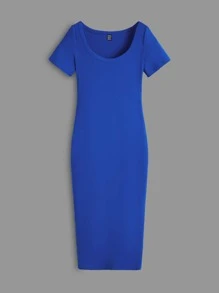 SHEIN BASICS Solid Scoop Neck Dress - Royal Blue - View 4