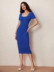 SHEIN BASICS Solid Scoop Neck Dress - Royal Blue - View 6