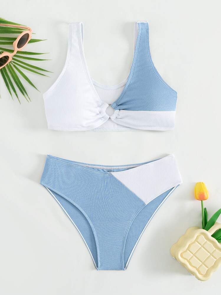 SHEIN Conjunto de bikini de bloque de color con anillo enlazado para adolescentes, verano playa - Azul y blanco - Añade 1